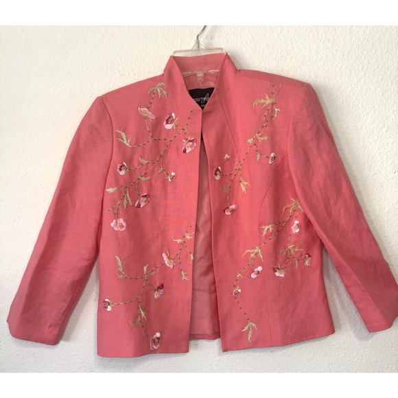 Vintage Embroidered Linen Blend Blazer Jacket‎ Embellished Petite Sz 4 Retroglam - Picture 1 of 7